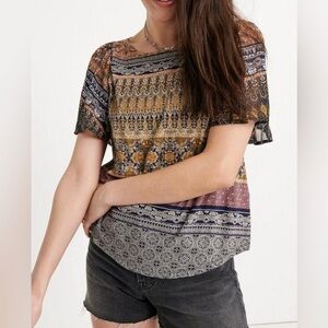 LUCKY BRAND women’s flutter sleeves mixed media top SZ/LG